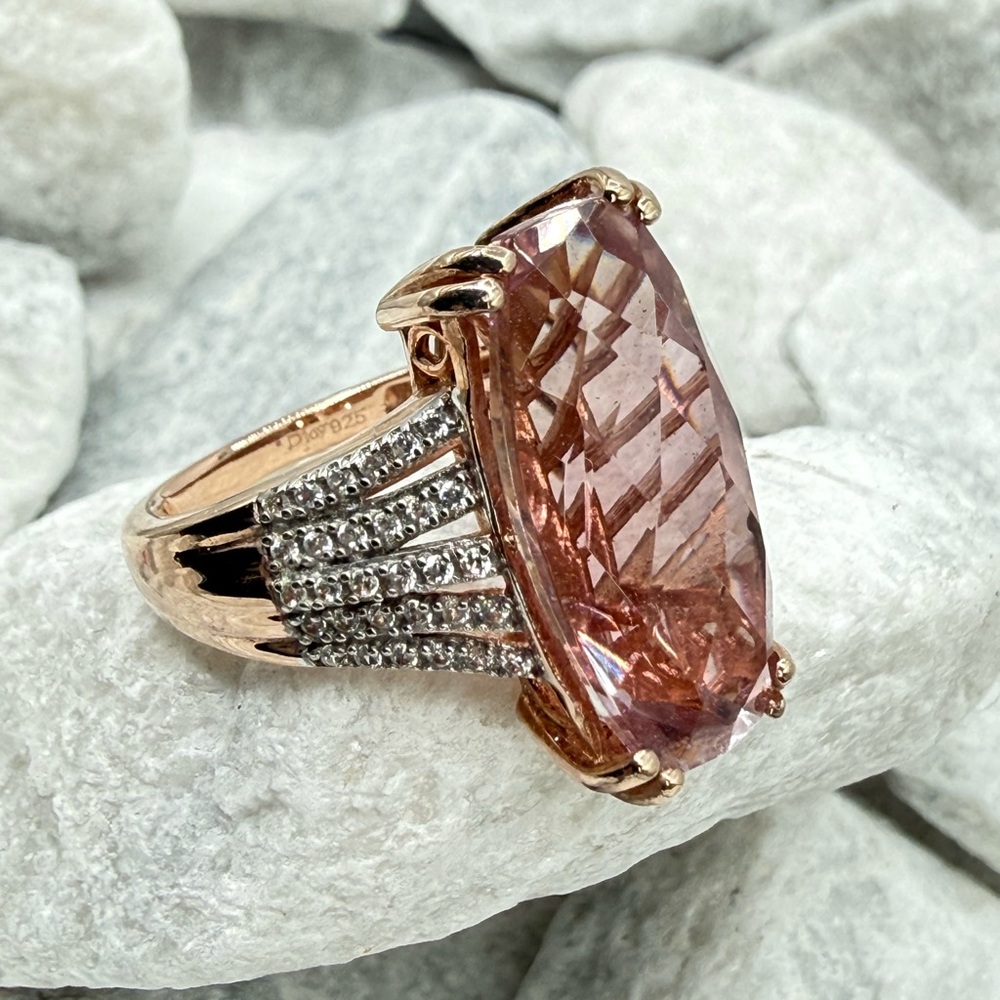 Morganite Cushion Cut Ring Rose Gold Over Sterling CZ Pave Size 7 - Picture 13 of 17